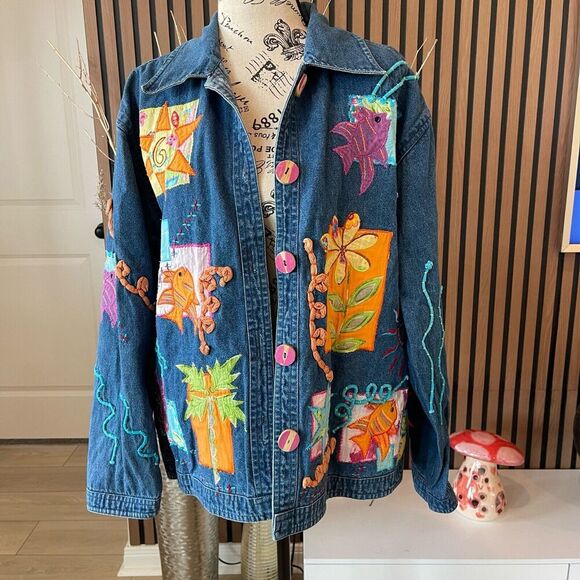 Vintage 90s Life Style Denim Jacket Embroidered‎ Patches Large Funky Hippie Art - Picture 1 of 12